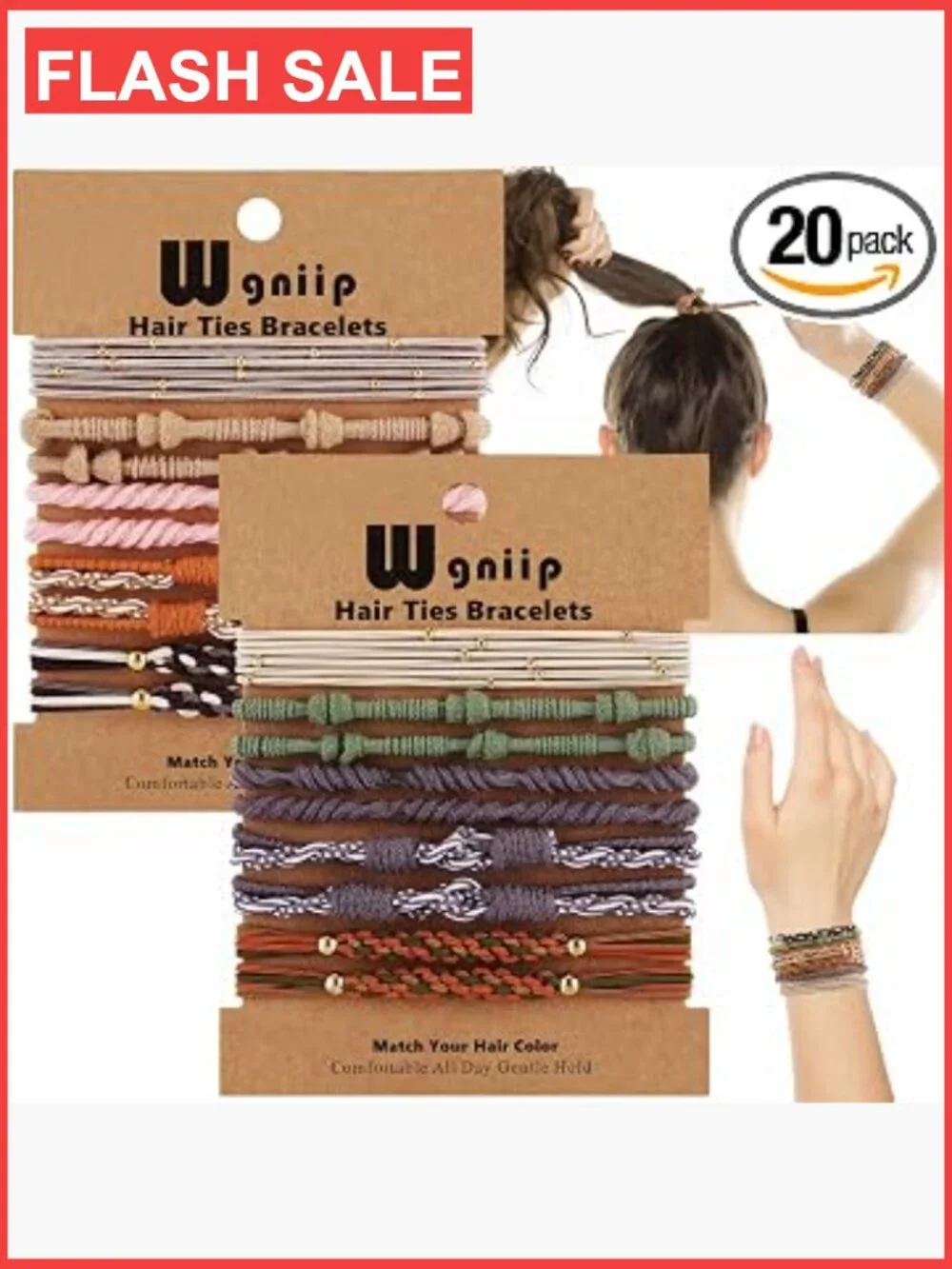 Set of 20 Boho Hair Ties Bracelets No Damage Elastics Thick Soft Nylon